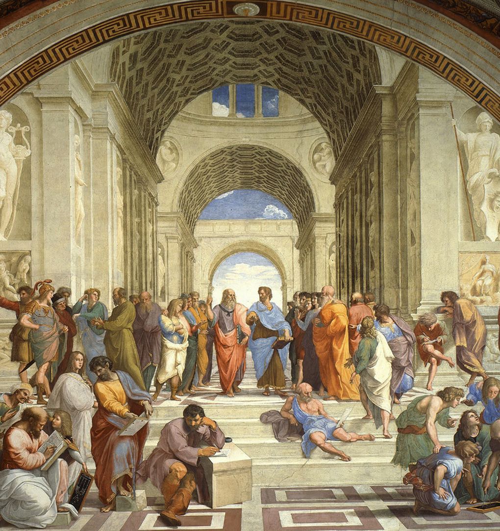 Classical philosophers gathered beneath vaulted arches