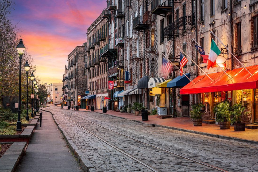 Historic Savannah street at sunset